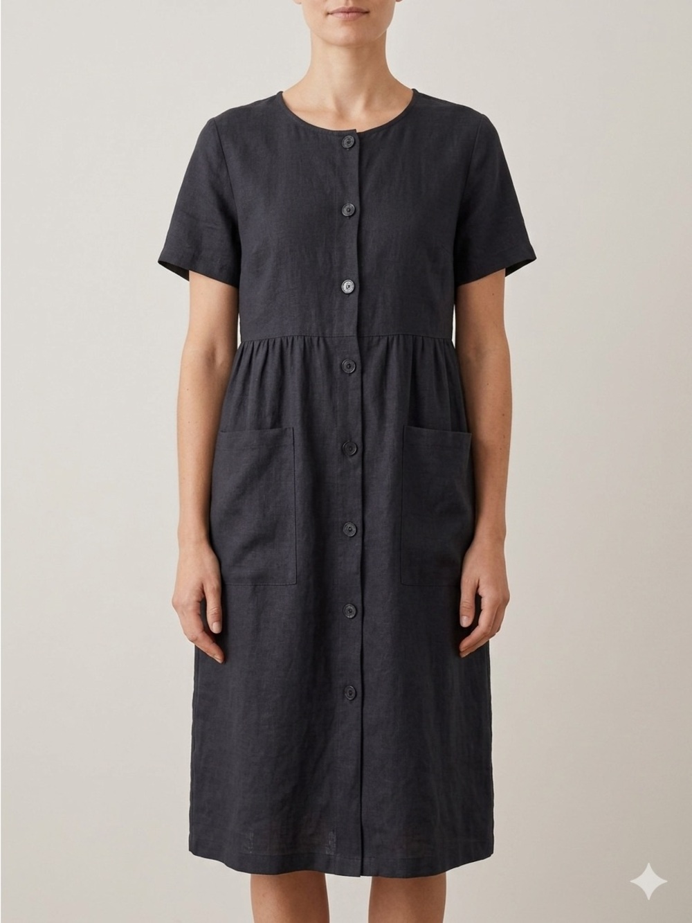 Vintage Benetton Navy Blue Linen Short Sleeve Midi Dress - 42 / 10-12 🇮🇹